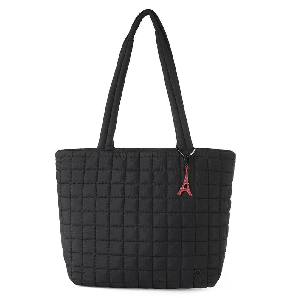 Camryn Quilted Puffer Tote Bag with Paris Charm Black
